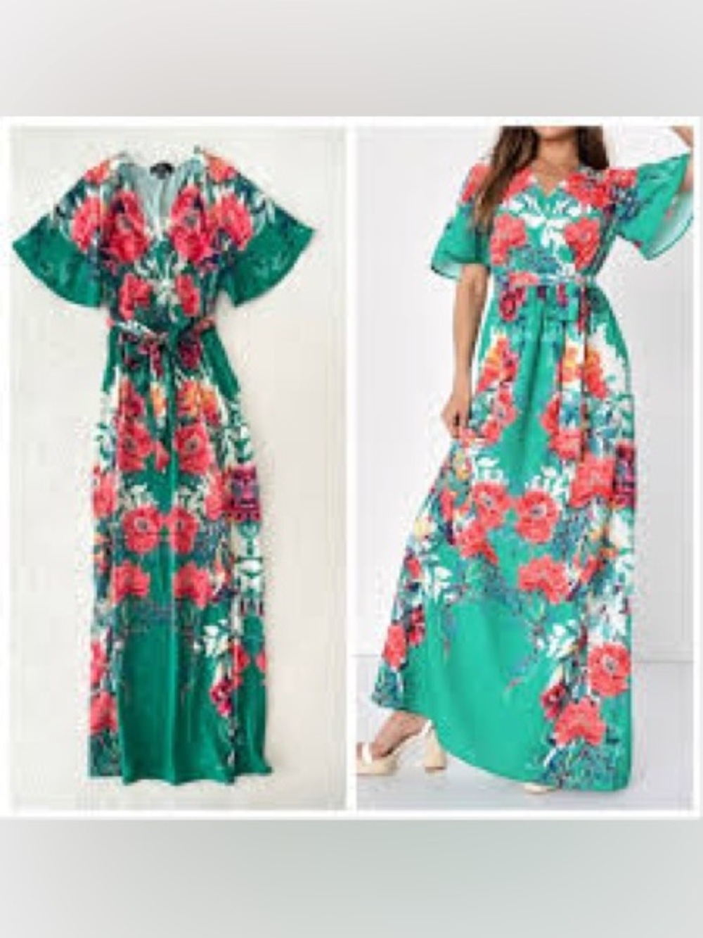 Lulu's Teal Maxi Dress with Pink Floral Print and Tie Waist
